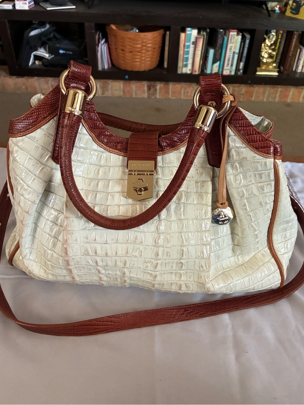 Brahmin Elisa Cream Croc-Embossed Shoulder Bag with Chestnut Trim